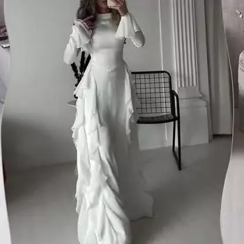 Модное облегающее платье с круглым вырезом и оборками, женское повседневное облегающее платье с длинным рукавом и талией, элегантное вечернее платье с шитьем S