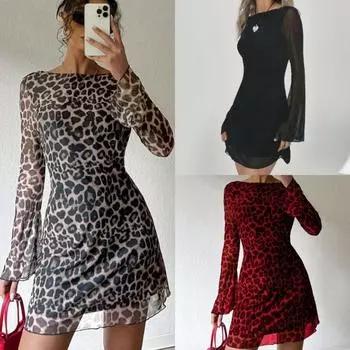 Модное облегающее платье с вырезом-лодочкой и леопардовым принтом, сексуальное женское платье с высокой талией, элегантное повседневное платье с длинным рукавом, летнее винтажное вечернее платье 25889 S серый