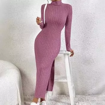 Модное облегающее сексуальное платье миди с боковым разрезом, женское, осень-зима, однотонное, водолазка, облегающее платье, длинный рукав, эластичные трикотажные платья S
