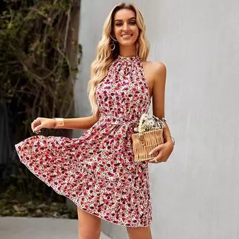 Модное облегающее женское платье без рукавов с цветочным принтом для отпуска, повседневное короткое платье с высокой талией и бретелькой через шею, женское сексуальное платье 26513 S чёрный