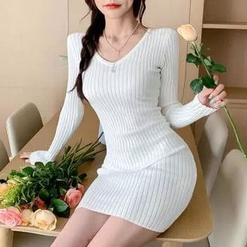 Модное облегающее женское сексуальное платье с V-образным вырезом, элегантное повседневное платье-свитер с длинным рукавом, женские осенне-зимние базовые трикотажные платья с высокой талией 25972 One Size белый