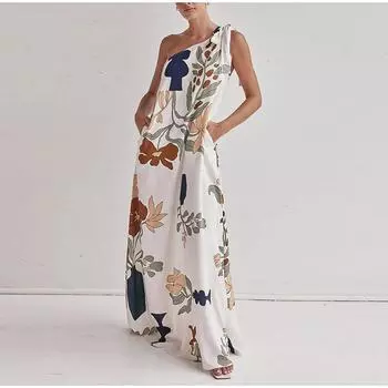 Модное одно плечо с принтом без рукавов женское макси платье 2025 весна лето повседневные свободные прямые пляжные длинные платья дамский сарафан женское платье S белый