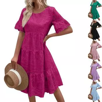 Модное однотонное хлопковое кружевное платье с вышивкой XXL