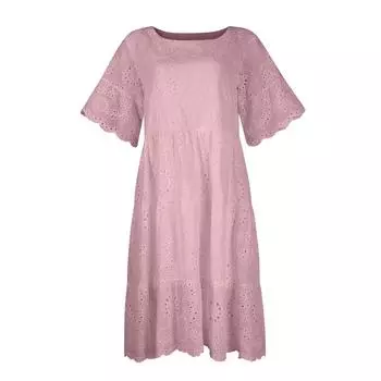 Модное однотонное хлопковое кружевное платье с вышивкой M розовый