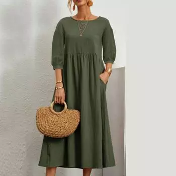 Модное однотонное летнее платье с рукавами-фонариками, женское винтажное свободное хлопково-льняное повседневное платье, женские карманные офисные женские платья размера плюс 24196
