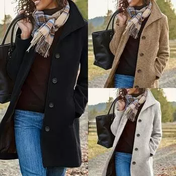 Модное однотонное однобортное пальто с длинным рукавом, женское пальто из смешанной ткани, женская осенне-зимняя шикарная и теплая одежда S чёрный