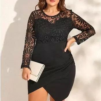 Модное однотонное офисное женское платье большого размера, элегантное кружевное платье с круглым вырезом, повседневное платье с длинными рукавами и цветочным принтом, Vestido 28070 3XS орион