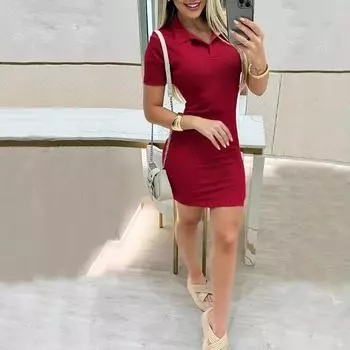 Модное однотонное повседневное платье-футляр с короткими рукавами и V-образным вырезом S чёрный