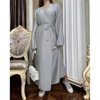 Модное однотонное приталенное длинное платье с поясом Новая женская одежда Платье-комбинация Стильное платье с запахом L серый