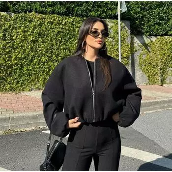 Модное однотонное шерстяное пальто на молнии для женщин с длинным рукавом и круглым вырезом, женская куртка-бомбер с теплым карманом, женская уличная шикарная короткая верхняя одежда XS серый