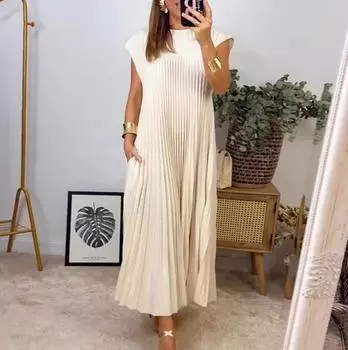 Модное однотонное женское повседневное платье, летнее платье с воротником без рукавов L бежевый