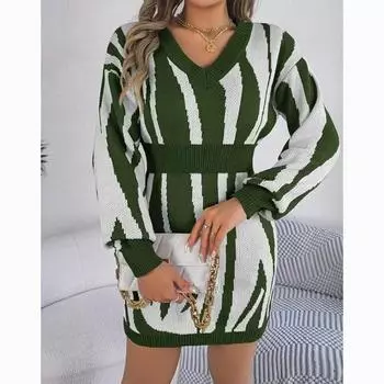 Модное осеннее элегантное платье-свитер с v-образным вырезом, женское пуловер с длинным рукавом, вязаное платье, женское зимнее платье с рукавами-фонариками, короткие платья 30283 S армия зеленый