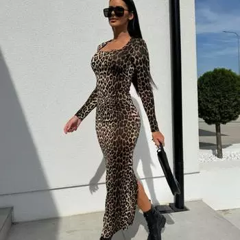 Модное осеннее облегающее платье с леопардовым принтом, сексуальное женское элегантное повседневное черное свободное платье, женское винтажное платье с квадратным воротником для вечеринок и клуба, длинное платье 25243 S чёрный