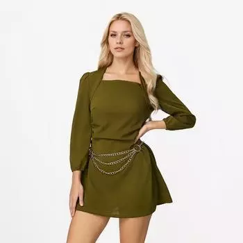 Модное осеннее платье с длинными рукавами, квадратным воротником, длинными рукавами, плиссированное, с короткой талией M