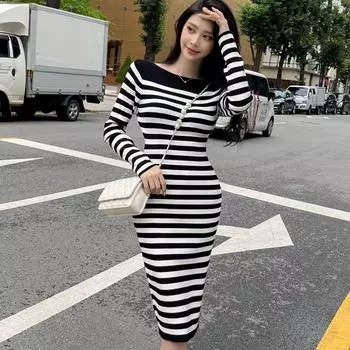 Модное осеннее сексуальное платье с длинным рукавом и вырезом-лодочкой, элегантное зимнее повседневное женское трикотажное платье в полоску, облегающее женское платье средней длины 25963 One Size чёрный