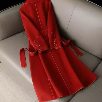 Модное осеннее женское длинное шерстяное пальто с облегающей одеждой XL красный