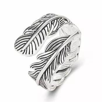 Модное открытое кольцо витого листа в стиле ретро, черное модное кольцо с текстурой пера, посеребренное кольцо Resizable
