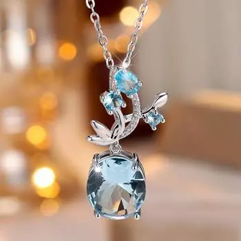 Модное овальное ожерелье с подвеской из небесно-голубого циркония для женщин, серебряное ожерелье с цепочкой, хрустальные свадебные украшения для вечеринок, подарки светло-синий