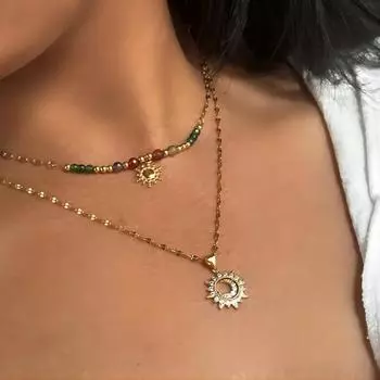 Модное ожерелье из натурального камня «Ветер» из 18-каратного золота с подвеской на ключицу в виде солнца и музы из нержавеющей стали