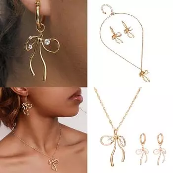 Модное ожерелье с бантом и инкрустацией бриллиантами, комплект ювелирных изделий с бантом и серьгами для любителей моды