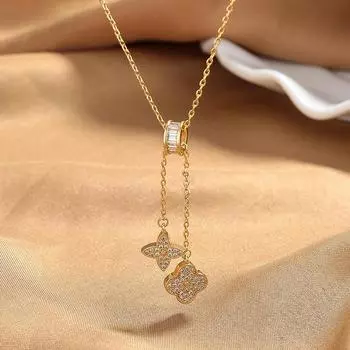 Модное ожерелье с кисточками из четырехлистного клевера и двухсторонними ракушками из циркония, изысканное роскошное женское ожерелье золотой