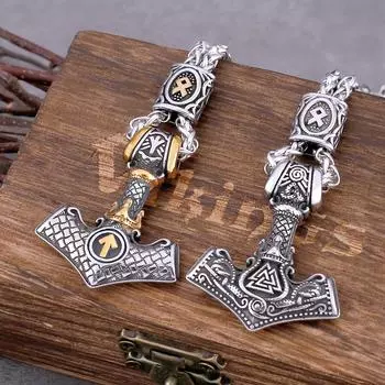 Модное ожерелье с молотом Тора викингов, мужское ювелирное изделие из нержавеющей стали, подарок, винтажное скандинавское ожерелье-амулет с рунами