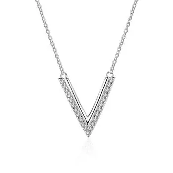 Модное ожерелье с муассанитом и буквой V для женщин, 100% серебро 925 пробы, ожерелье с муассанитом, подарок на день рождения, годовщину, ювелирные изделия 45cm&White Gold Plated