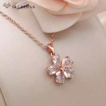 Модное ожерелье с подвеской из розового золота и цветами для женщин, ювелирные изделия из кубического циркония, повседневные аксессуары, романтический подарок