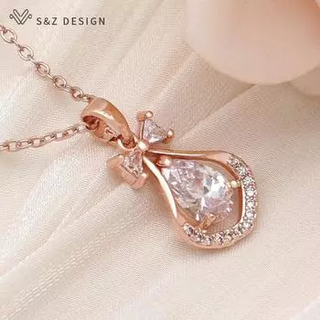 Модное ожерелье с подвеской в виде капли воды с кубическим цирконием и бантом для женщин, свадебное ожерелье цвета розового золота, подарок