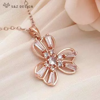 Модное ожерелье с подвеской в виде розового золота с кубическим цирконием и тремя лепестками орхидеи для женщин, ювелирные изделия для свадебной вечеринки