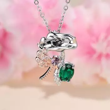 Модное ожерелье с подвеской в виде листьев лотоса и стрекозы для женщин, креативное ожерелье с зелеными кристаллами, колье, ювелирное изделие, подарок серебряный