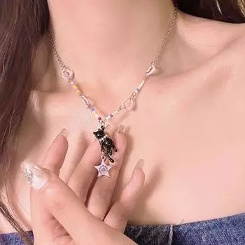 Модное ожерелье с подвеской в виде розовой звезды и котенка, симпатичная цепочка на ключицу, цепочка на ключицу Spice Girls 1 Pcs