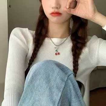 «Модное ожерелье с подвеской в виде вишни»: Элегантный, простой дизайн с круглыми бусинами для женщин. Cherry necklace красный