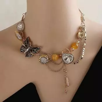 Модное ожерелье в виде ракушки с бабочкой и пуговицами, экстравагантное преувеличенное ожерелье с бахромой из стразов, женское ювелирное изделие, подарок.