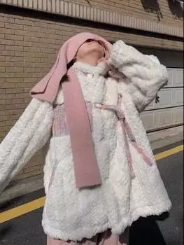 МОДНОЕ пальто из овечьей шерсти женское 2024 зима маленький ароматный стиль кроличий пух кисть цветок меховой топ утолщенный воротник-стойка шуба Одежда S