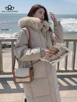 Модное пальто, зимнее пальто с искусственным меховым воротником, длинная куртка большого размера, женская теплая подкладка, зимняя женская куртка-пуховик S чёрный