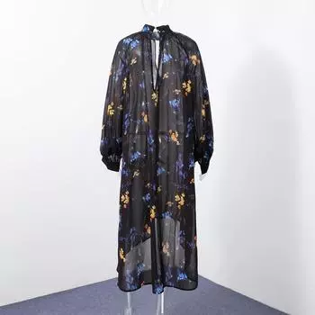 Модное печатное платье для женщин, водолазка, длинные рукава, платья длиной до щиколотки, женское, весна-лето 2025, повседневное печатное женское платье S чёрный