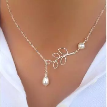 Модное персонализированное ожерелье с жемчугом в виде листьев и капель воды, простое ожерелье с крестом высокой ценности, корейская версия, цепочка на ключицу белый