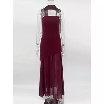Модное платье без бретелек с лентой женское элегантное однотонное без рукавов сетчатое пляжное отпускное длинное платье весеннее новое женское платье S вино красного