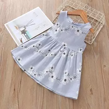 Модное платье без рукавов с цветочным принтом для маленьких девочек, платья принцессы 110 синий