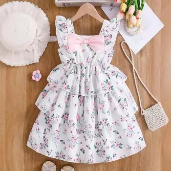 Модное платье для девочек. Летнее детское милое платье принцессы с цветочным принтом. Платье-комбинация. 130cm розовый