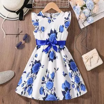Модное платье для девочек, летнее детское цветочное шифоновое платье принцессы-феи 130cm королевский синий