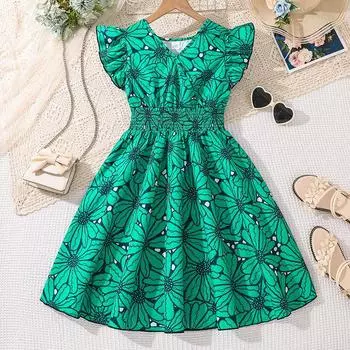 Модное платье для девочек, летнее детское элегантное платье с большим цветком и оборками на рукавах 130cm=8Y зелёный