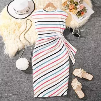 Модное платье для девочек, летнее детское элегантное платье с ремешком на талии, в полоску, с круглым вырезом и короткими рукавами, длинное платье 130cm=8Y белый