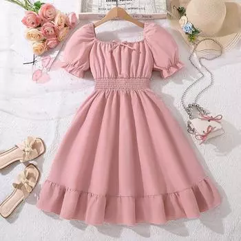 Модное платье для девочек, летнее детское повседневное платье принцессы с квадратным вырезом и короткими рукавами и оборками 130cm=8Y розовый