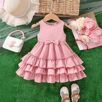 Модное платье для девочек, летнее детское платье-торт, платье принцессы с открытыми плечами для маленьких девочек 90cm