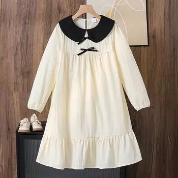 Модное платье для девочек, Осеннее детское милое платье принцессы с воротничком-бантиком и длинными рукавами 130cm=8Y