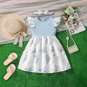 Модное платье для девочек с бретелью через шею Летнее детское пляжное платье для отдыха на пляже Платье для девочек с цветочным принтом 90cm небесно-голубой
