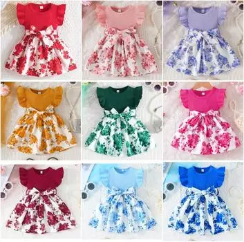 Модное платье для девочек с рукавами-крылышками, летнее детское повседневное платье с принтом 3-6M