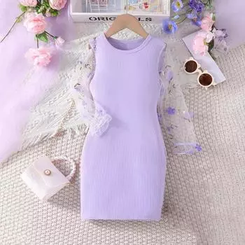 Модное платье для девочек в сеточку лавандового фиолетового цвета с лоскутным узором, летнее осеннее элегантное платье принцессы для детей 3-4Y лаванды фиолетового